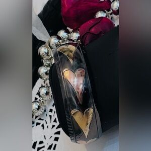 Brass Bangle with Silver, Gold, Copper Heart Inlays- made in Mexico